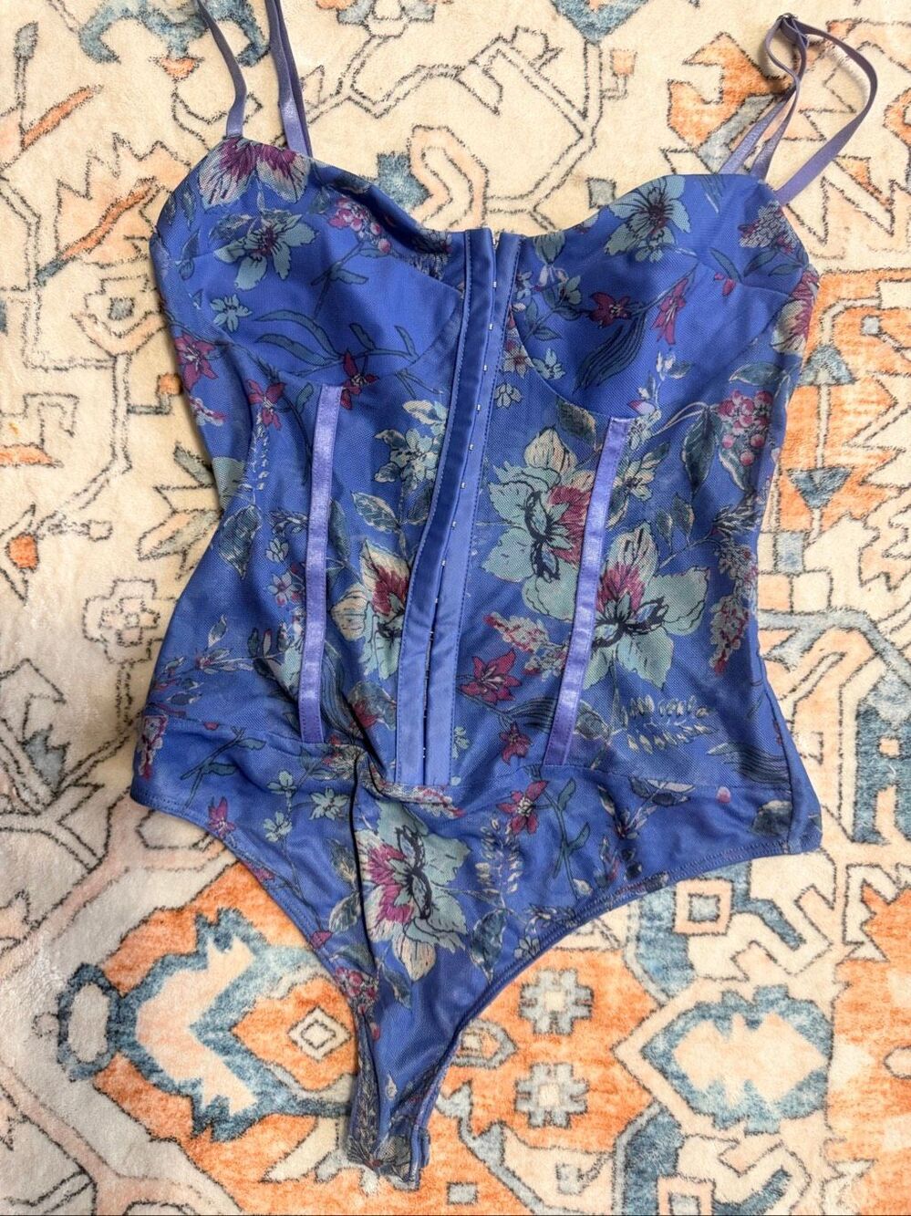 Intimately Free People Blue Floral Mesh Corset Bodysuit NWOT Size Small S